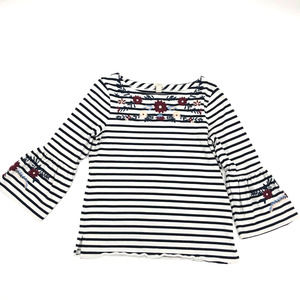 J. CREW Shirt Womens Medium Striped Embroidered Bell Sleeve Floral White Black